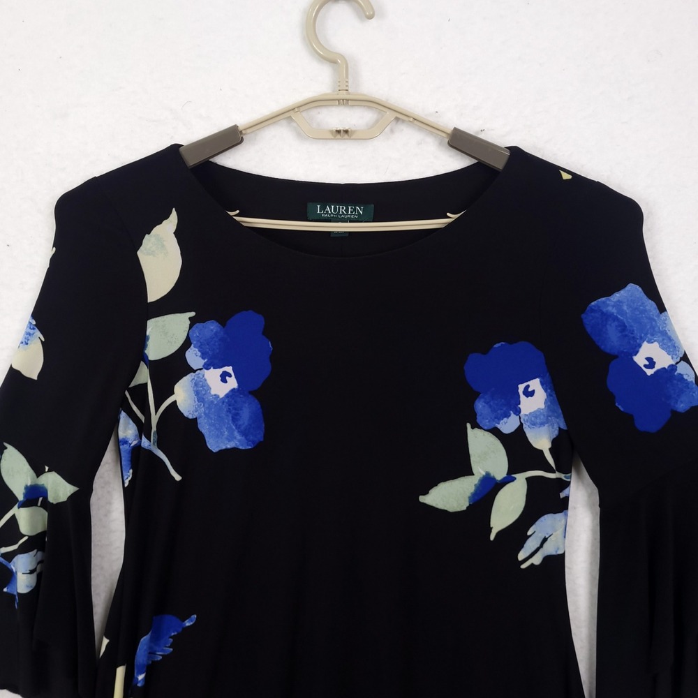Lauren Ralph Lauren Dress Black Blue Floral Bell Sleeve Size 6 Lined Classic - Picture 8 of 13